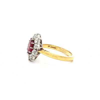 1.35ct Ruby & 1.17ct Natural Diamond Oval Cluster Ring Set in 18ct Yellow Gold