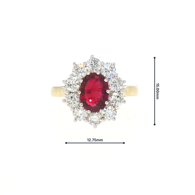 Natural Ruby and Diamond Oval Cluster Ring Set in 18ct Yellow Gold