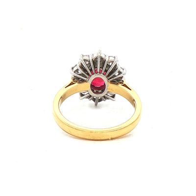 1.35ct Ruby & 1.17ct Natural Diamond Oval Cluster Ring Set in 18ct Yellow Gold