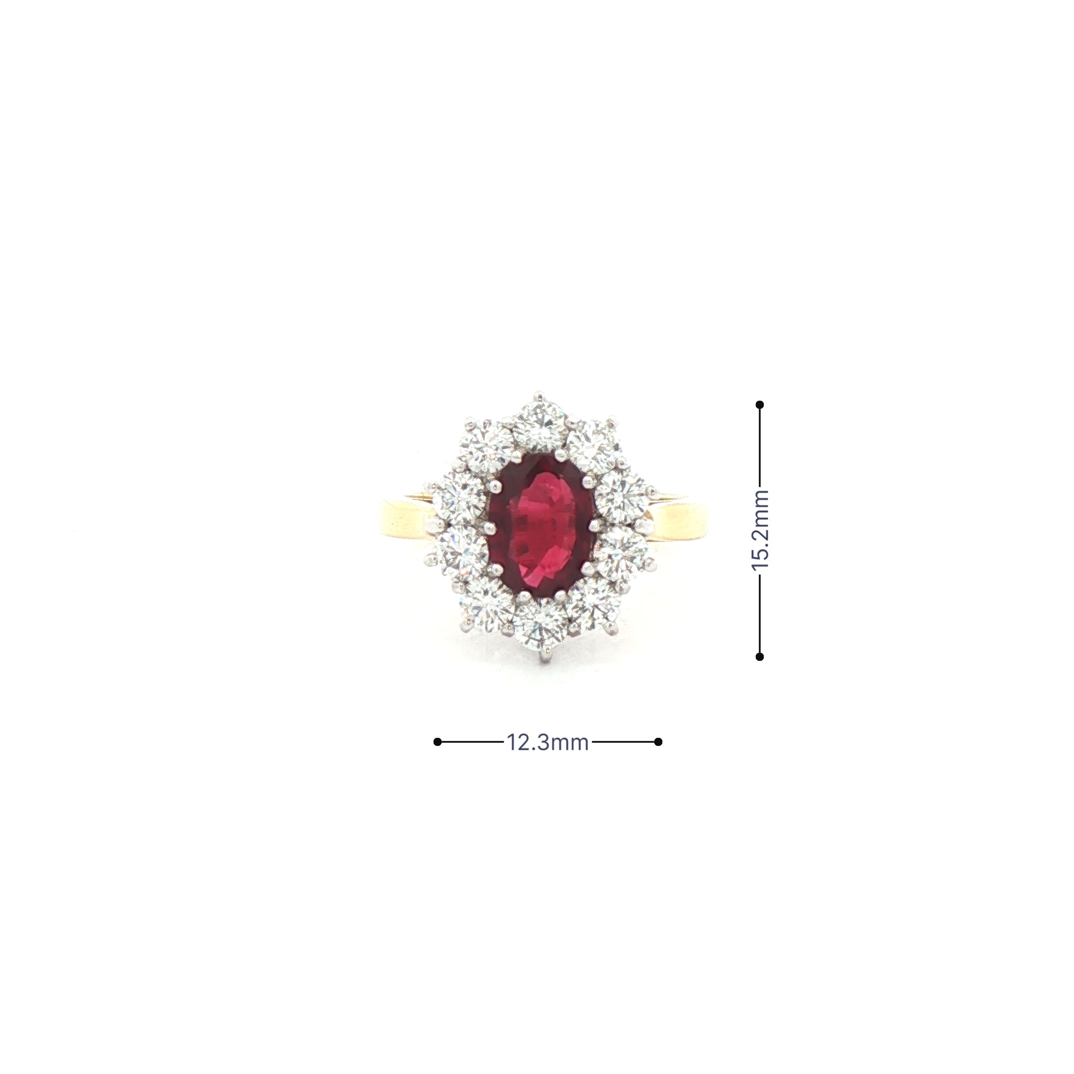 1.35ct Ruby & 1.17ct Natural Diamond Oval Cluster Ring Set in 18ct Yellow Gold