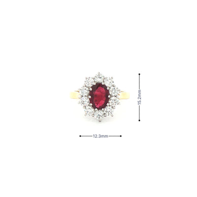 1.35ct Ruby & 1.17ct Natural Diamond Oval Cluster Ring Set in 18ct Yellow Gold