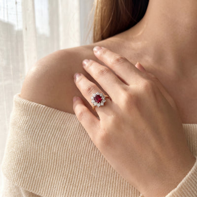 1.35ct Ruby & 1.17ct Natural Diamond Oval Cluster Ring Set in 18ct Yellow Gold