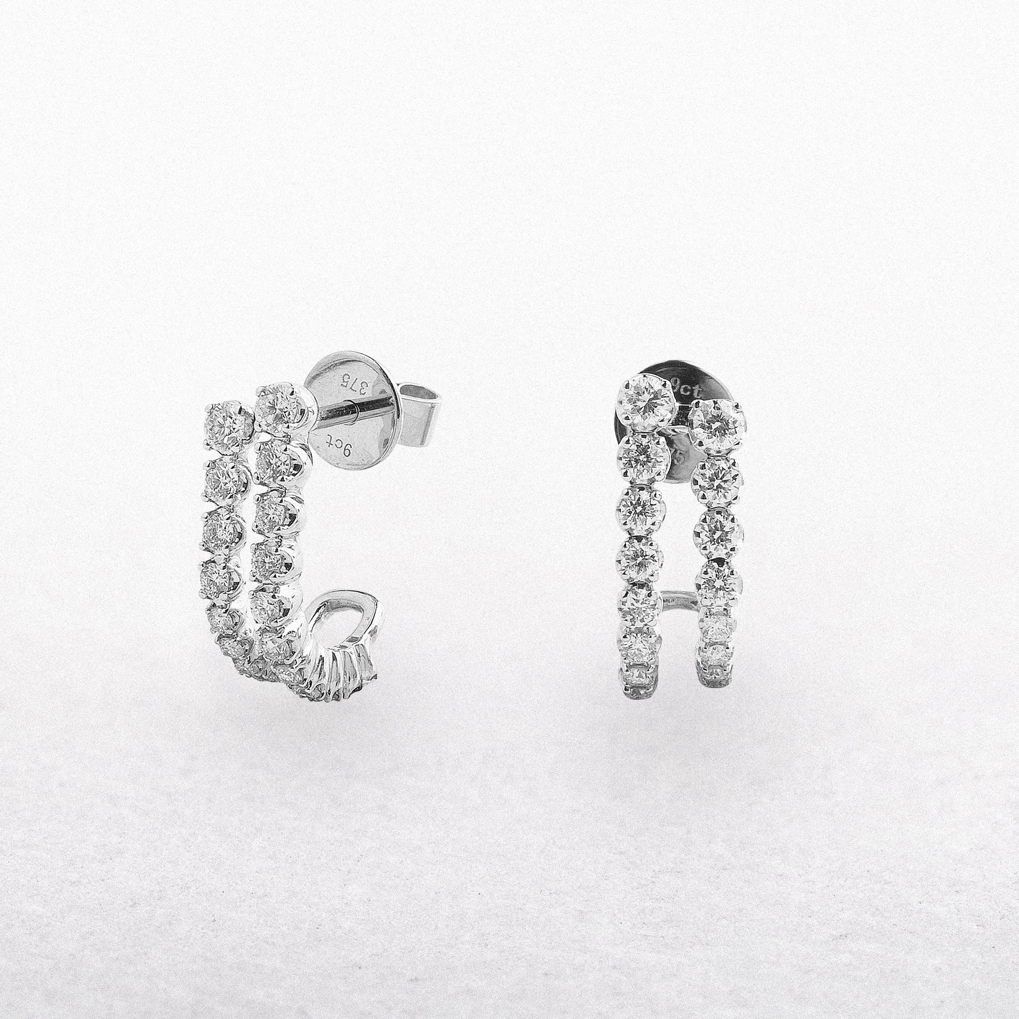 9ct White Gold Double Diamond Set Half Hoop Earrings