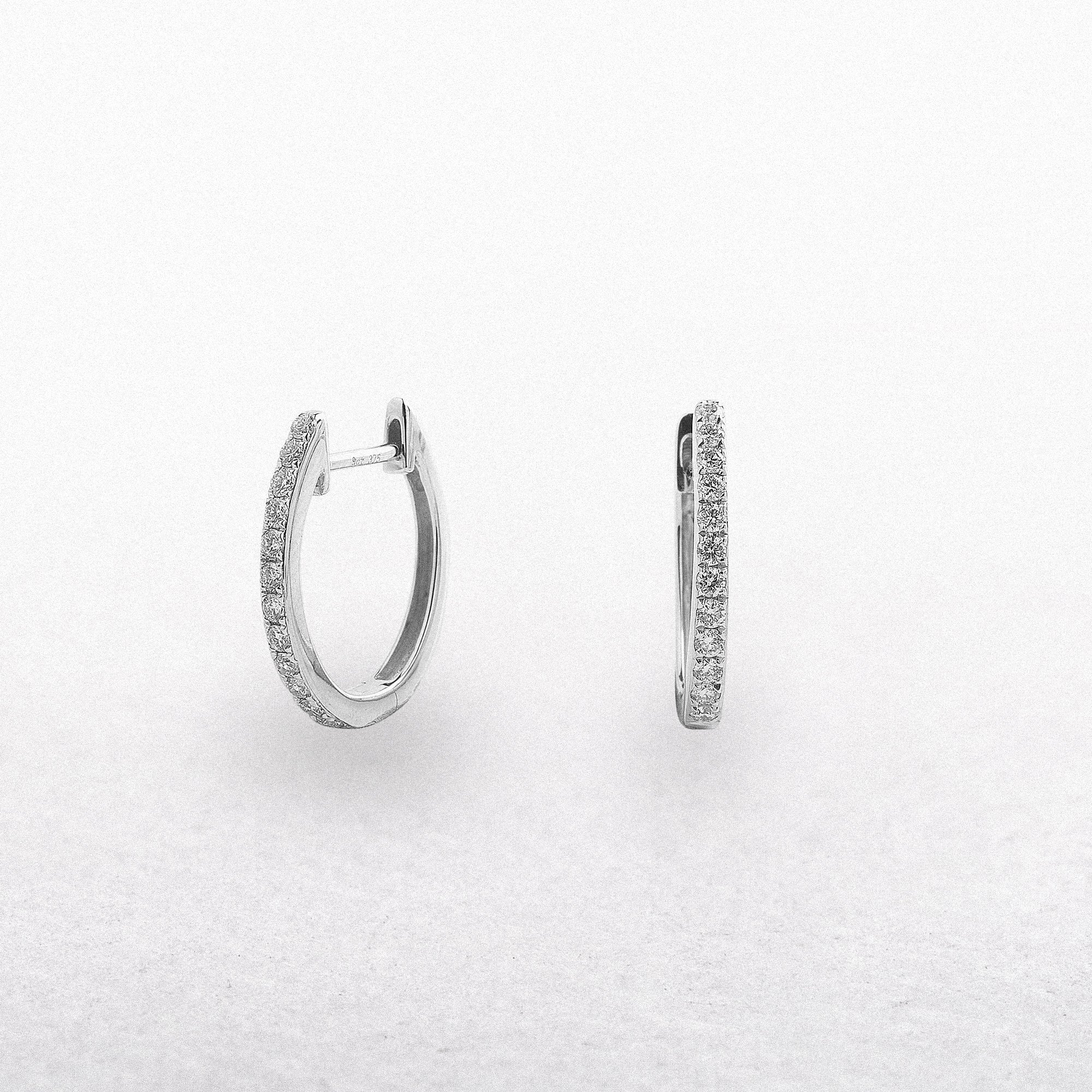 9ct White Gold Oval Diamond Set Hoop Earrings