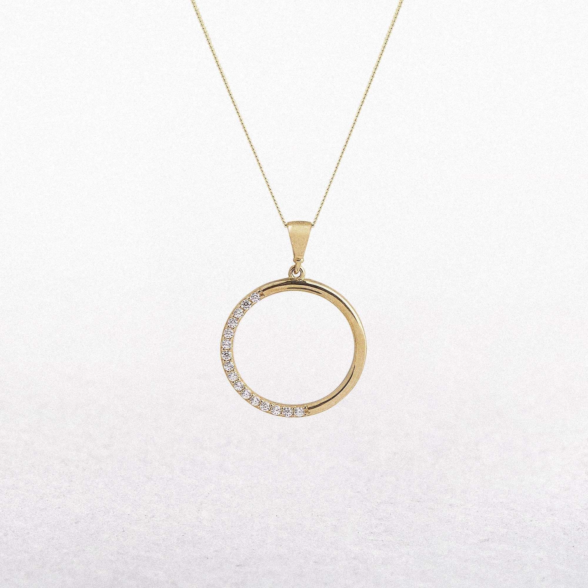 9ct Yellow Gold Cubic Zirconia Half Circle Pendant & Chain