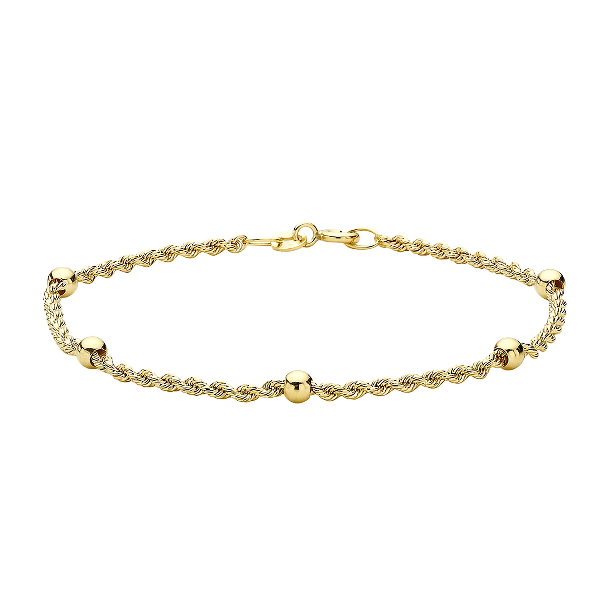 9ct Yellow Gold Rope & Beads Bracelet 7.25 In Length