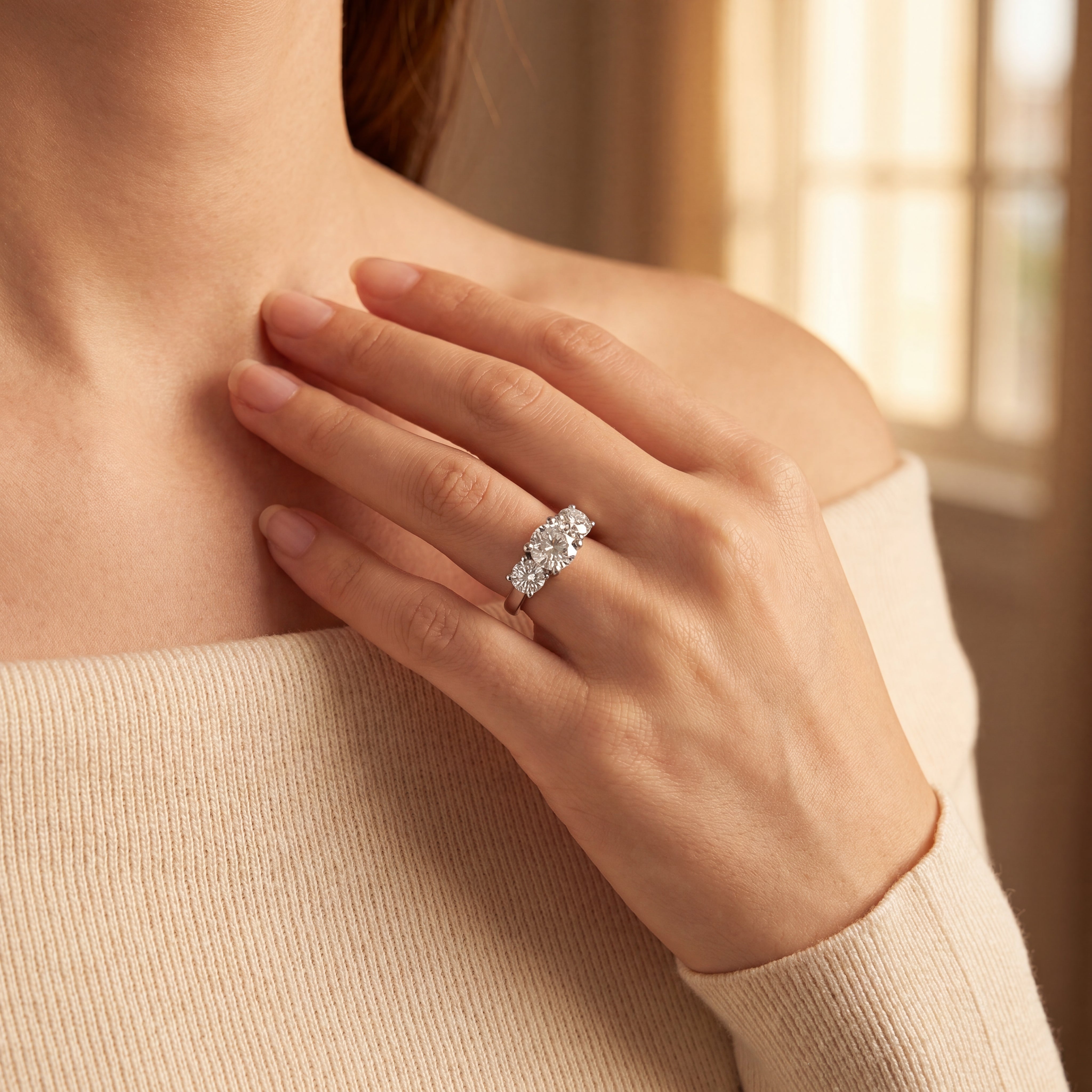 2.41ct F SI GIA Certified Round Natural Diamond Three Stone Ring Set In 18ct White Gold