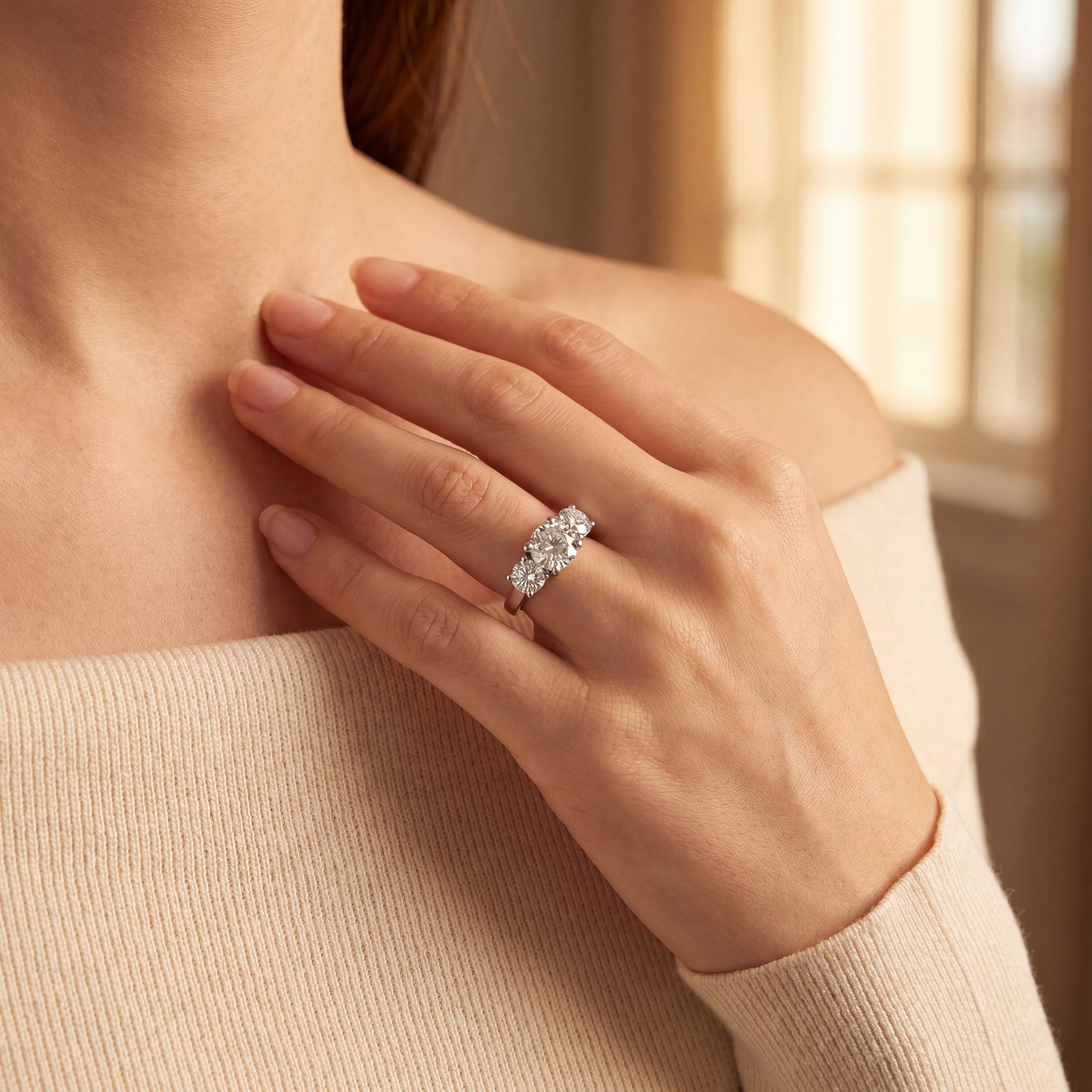 2.41ct F SI GIA Certified Round Natural Diamond Three Stone Ring Set In 18ct White Gold
