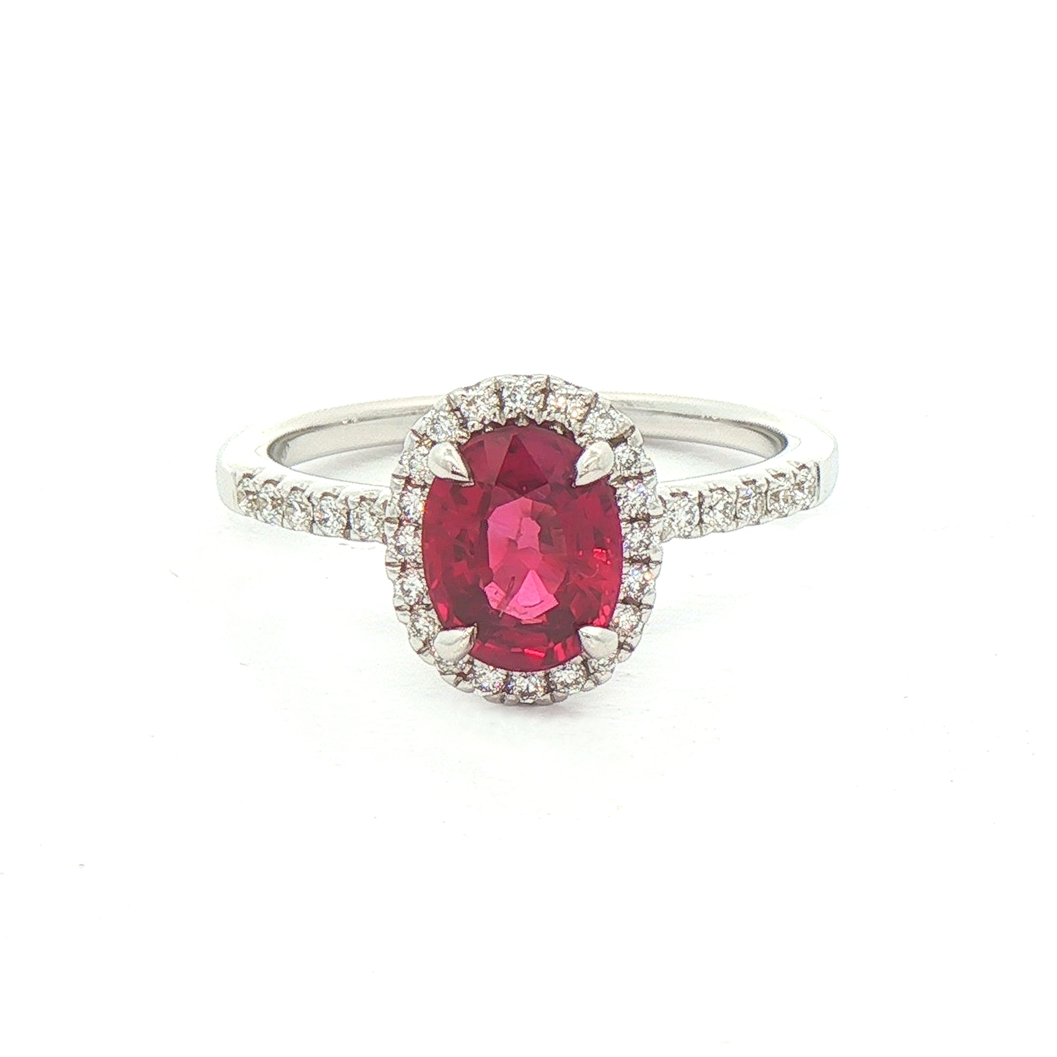1.25ct Oval Ruby With 0.20ct Natural Diamond Halo & Shoulders in 18ct White Gold