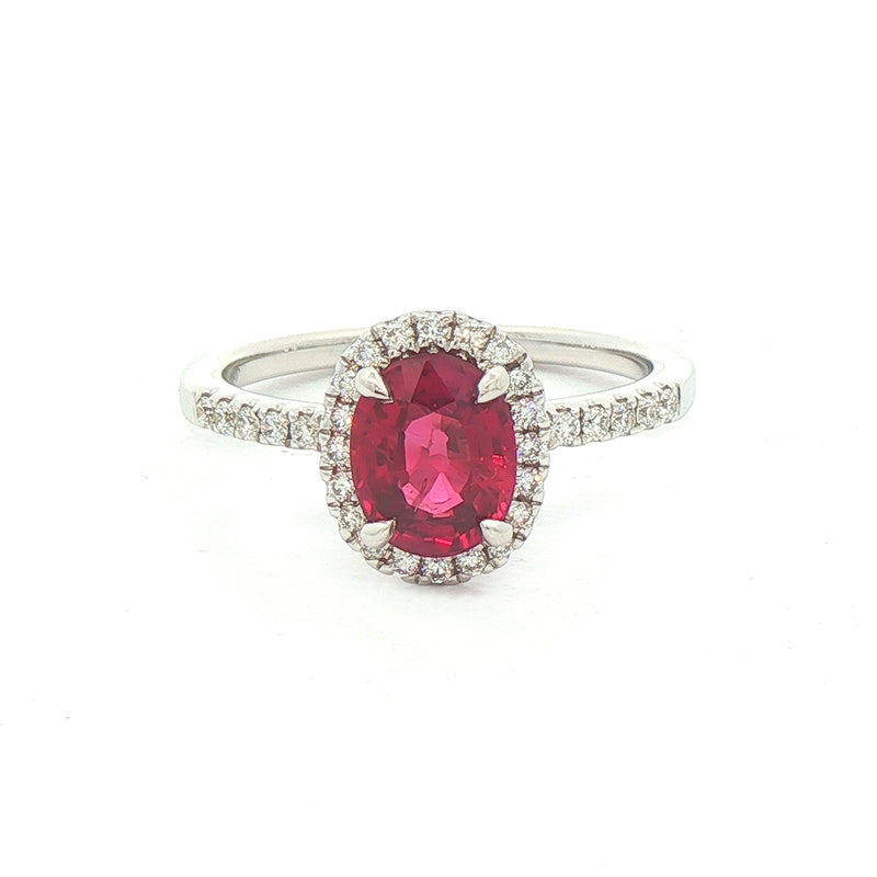 1.25ct Oval Ruby With 0.20ct Natural Diamond Halo & Shoulders in 18ct White Gold
