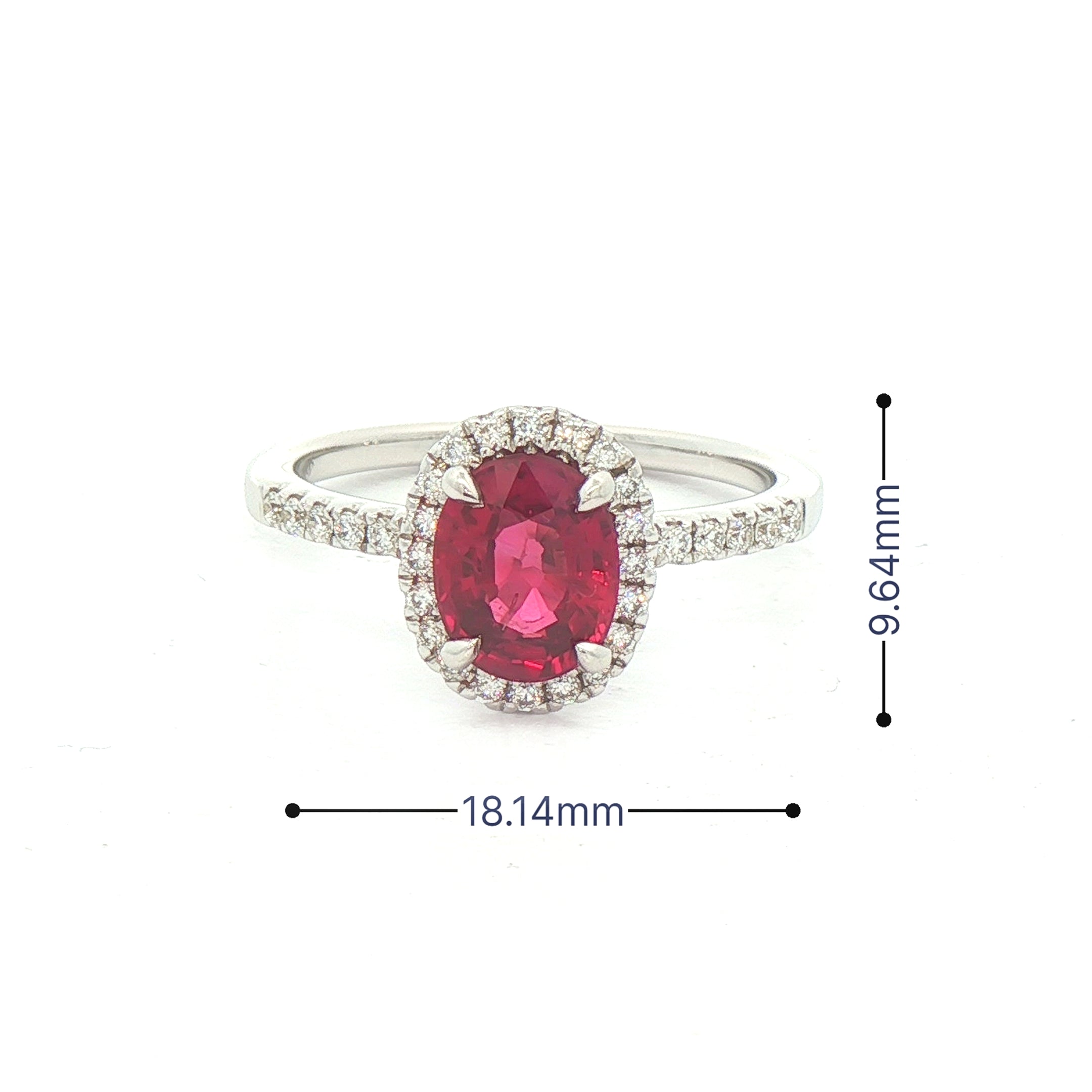 1.25ct Oval Ruby With 0.20ct Natural Diamond Halo & Shoulders in 18ct White Gold