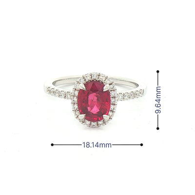 1.25ct Oval Ruby With 0.20ct Natural Diamond Halo & Shoulders in 18ct White Gold