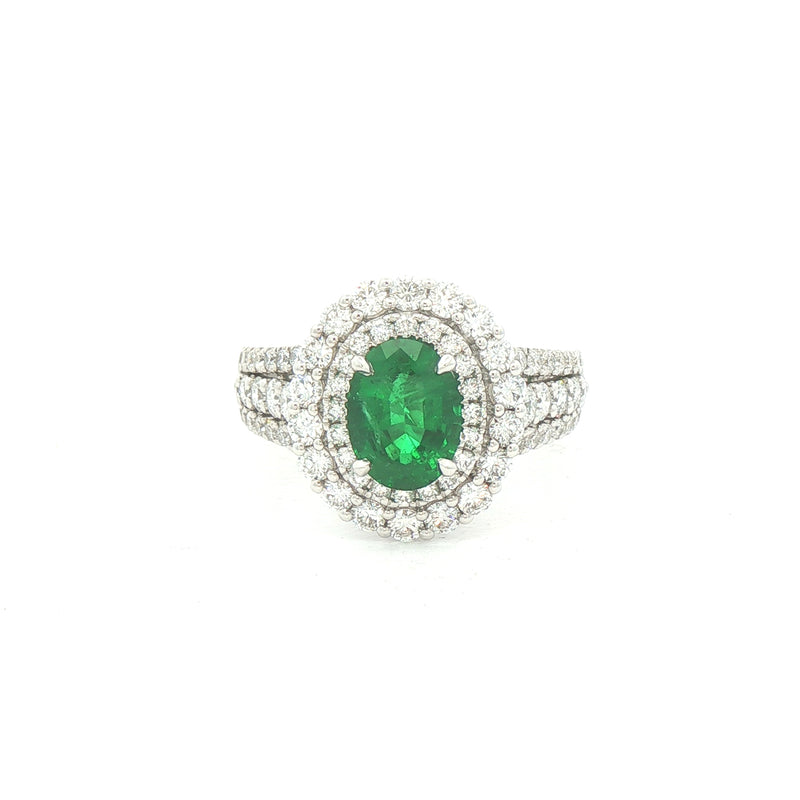 18ct White Gold Oval Emerald & Natural Diamond Halo Ring