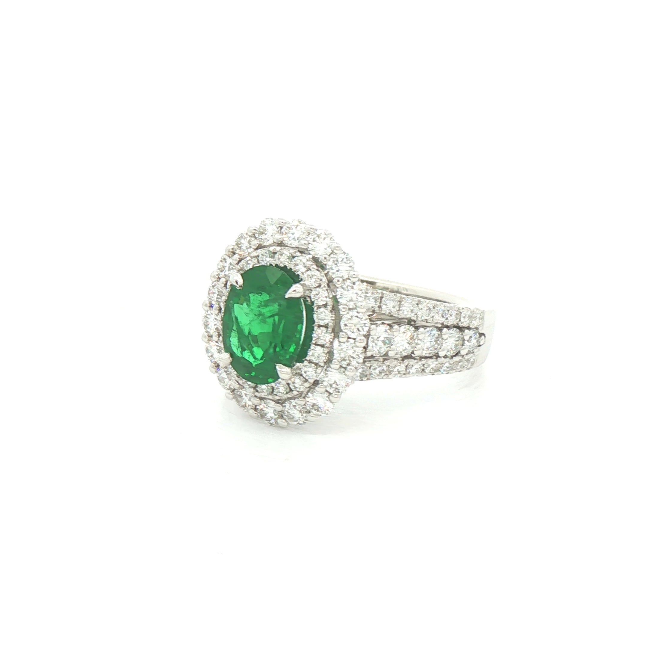 18ct White Gold Oval Emerald & Natural Diamond Halo Ring