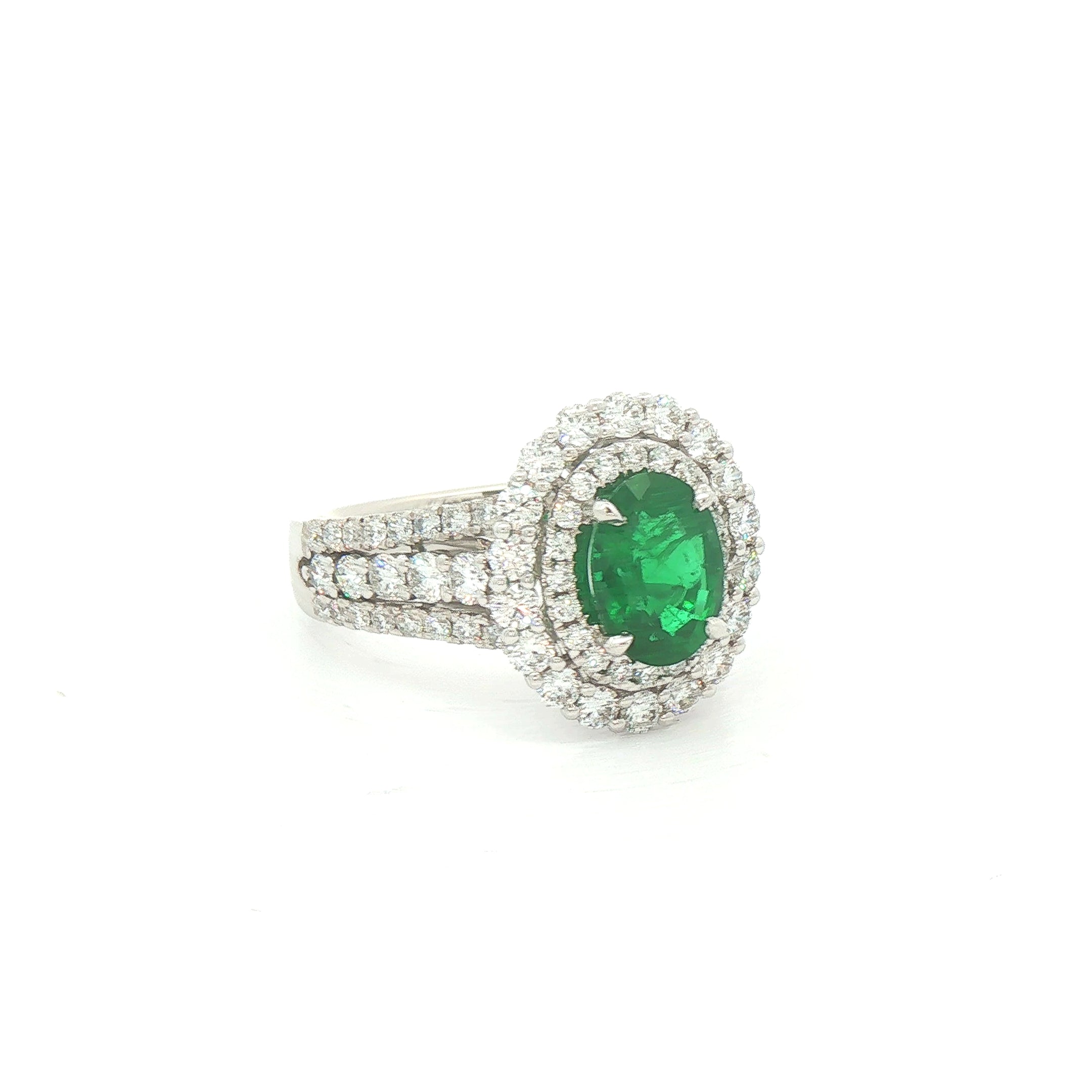 18ct White Gold Oval Emerald & Natural Diamond Halo Ring