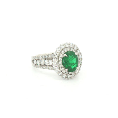 18ct White Gold Oval Emerald & Natural Diamond Halo Ring