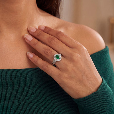 18ct White Gold Oval Emerald & Natural Diamond Halo Ring