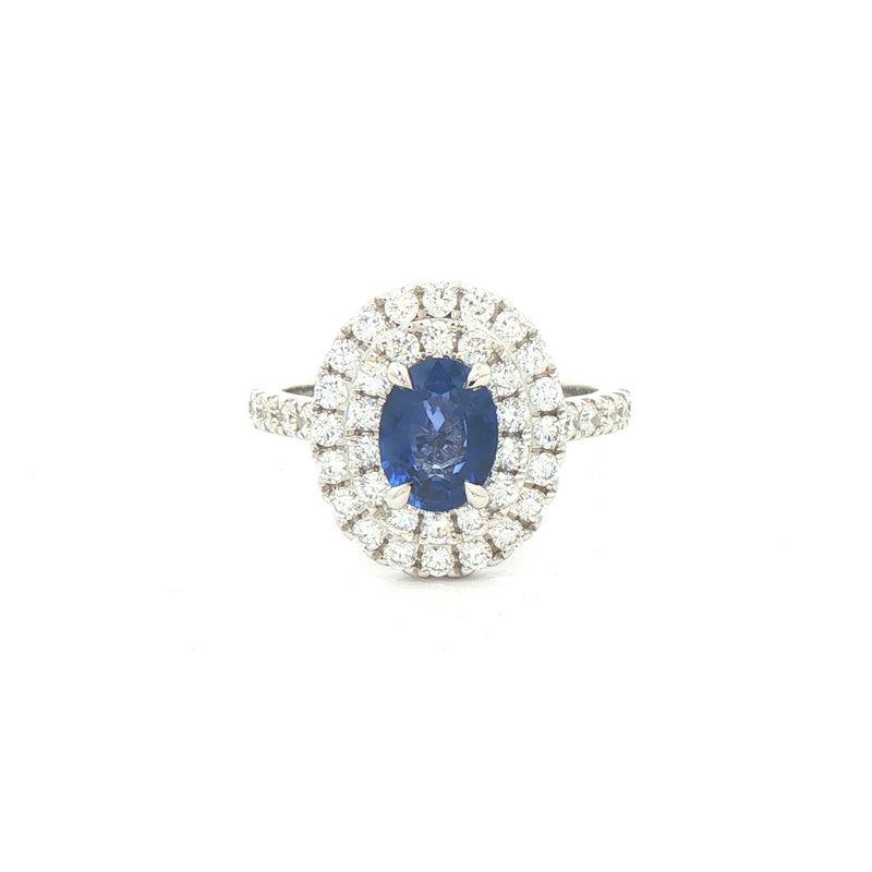 18ct White Gold Oval Sapphire & Natural Diamond Halo Ring