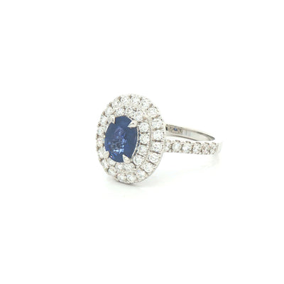 18ct White Gold Oval Sapphire & Natural Diamond Halo Ring