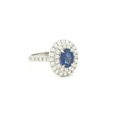 18ct White Gold Oval Sapphire & Natural Diamond Halo Ring