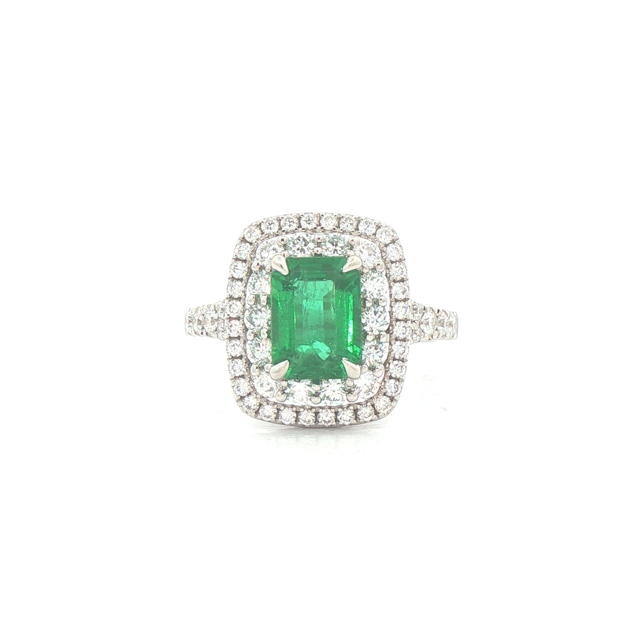 1.51ct Emeral Cut Emerald & Natural Diamond Double Halo Style Ring in White Gold