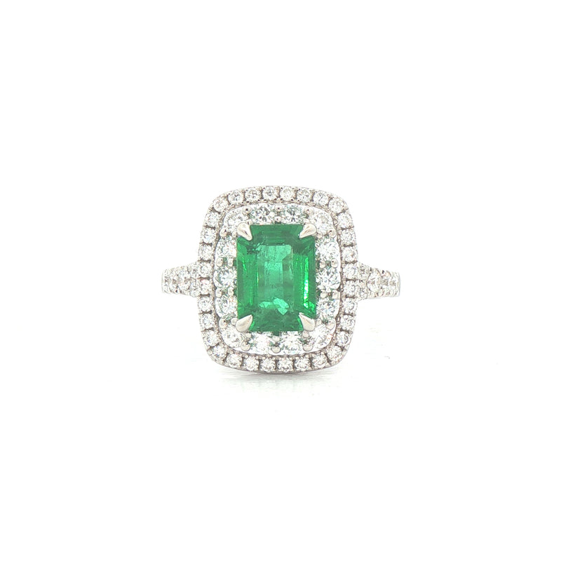 1.51ct Emeral Cut Emerald & Natural Diamond Double Halo Style Ring in White Gold
