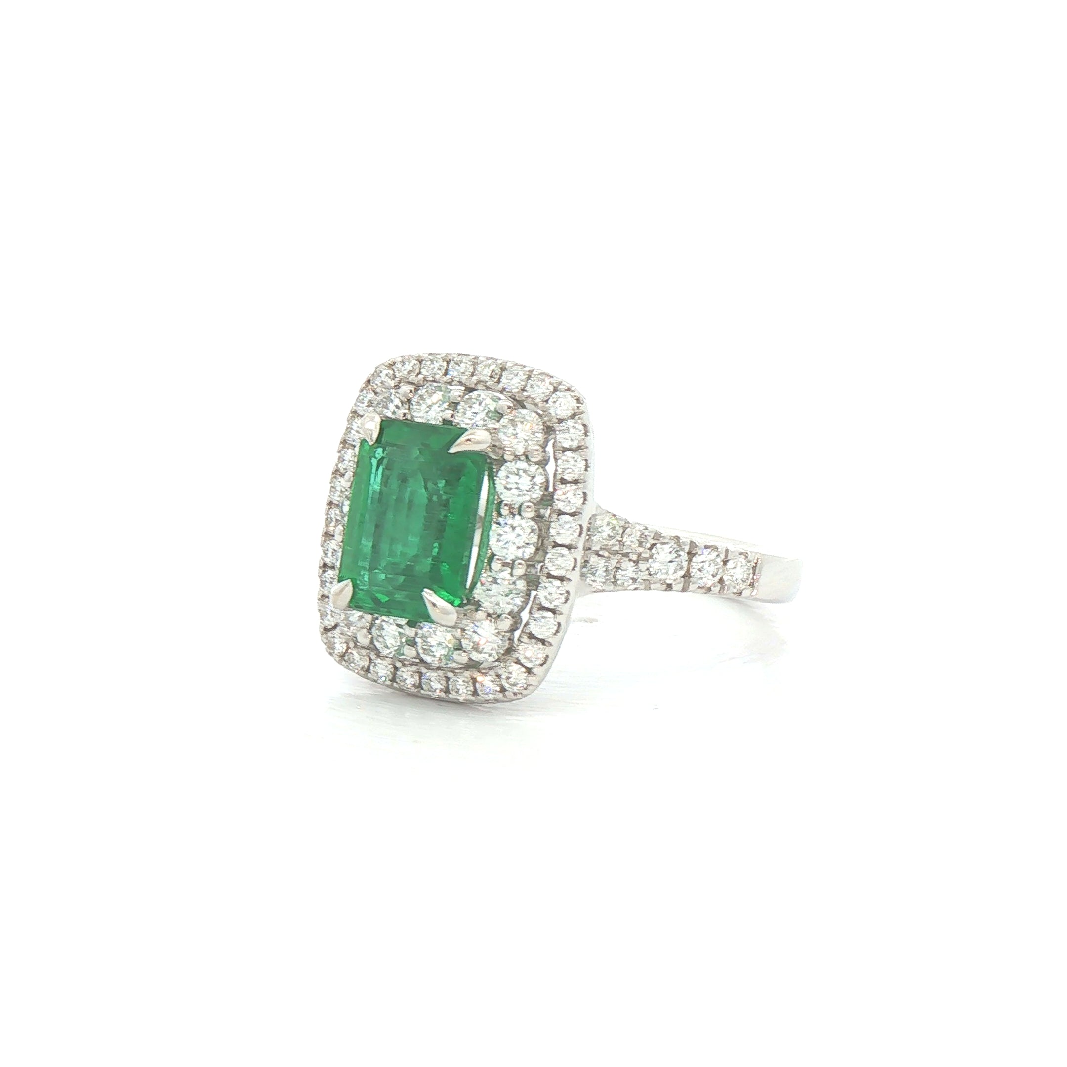 1.51ct Emeral Cut Emerald & Natural Diamond Double Halo Style Ring in White Gold
