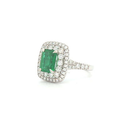 1.51ct Emeral Cut Emerald & Natural Diamond Double Halo Style Ring in White Gold
