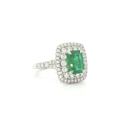 1.51ct Emeral Cut Emerald & Natural Diamond Double Halo Style Ring in White Gold