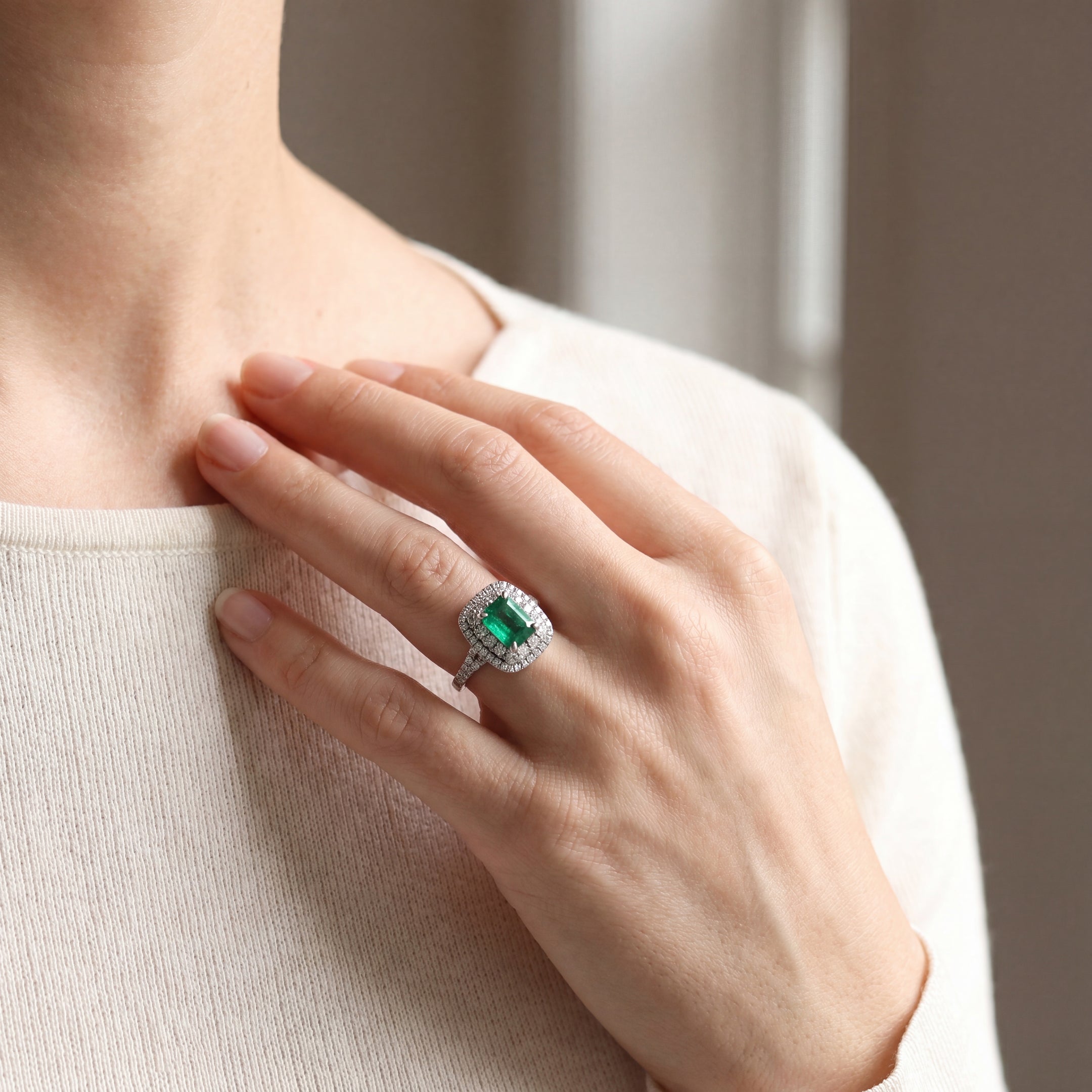 1.51ct Emeral Cut Emerald & Natural Diamond Double Halo Style Ring in White Gold