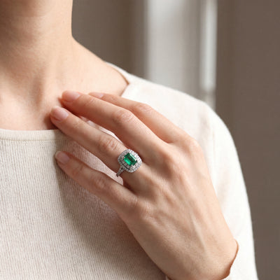1.51ct Emeral Cut Emerald & Natural Diamond Double Halo Style Ring in White Gold