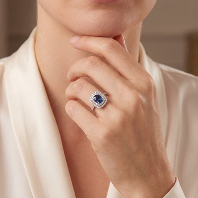 Natural Sapphire & Diamond Double Halo Ring