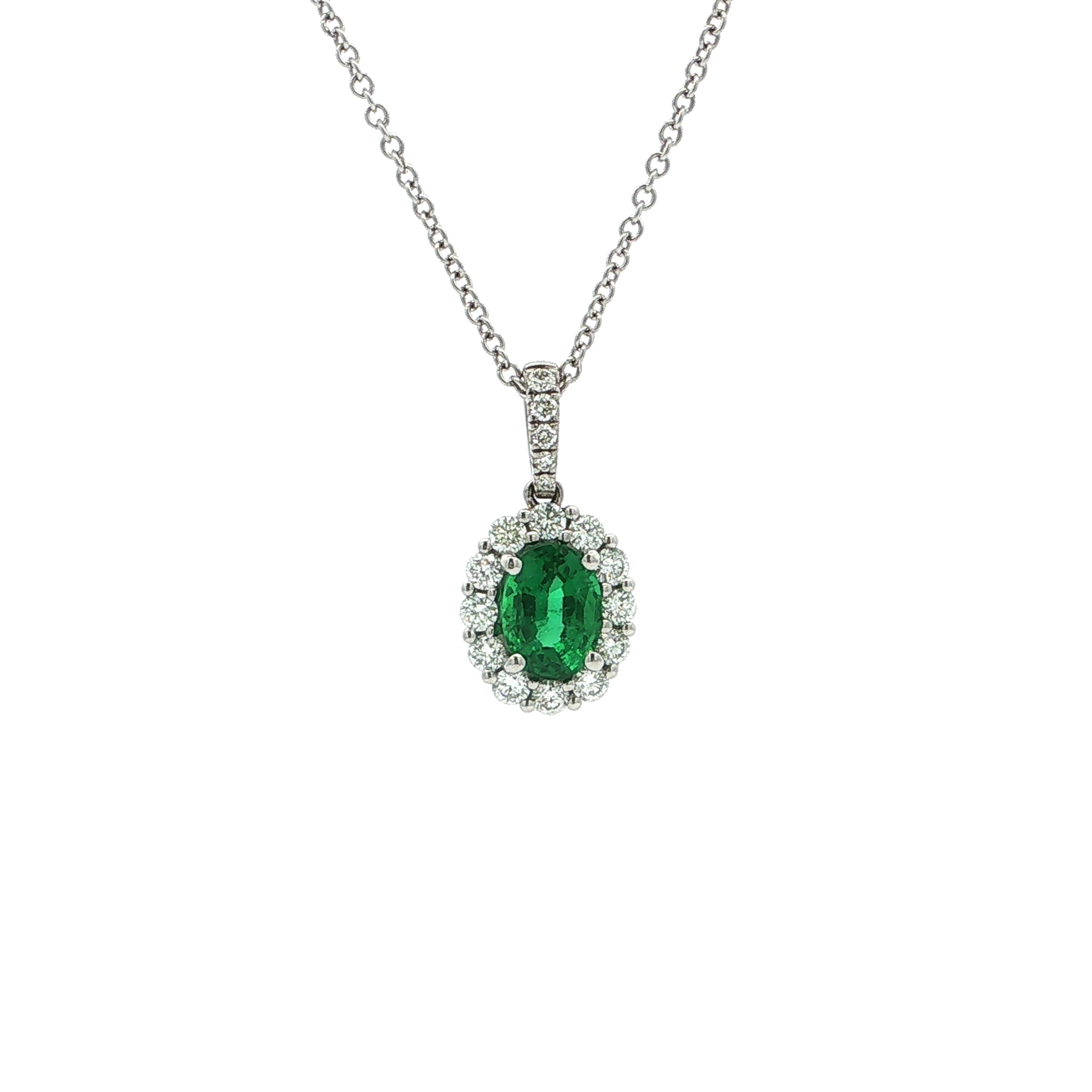 0.85ct Oval Emerald & 0.39ct Natural Diamond Halo Cluster Pendant in 18ct White Gold