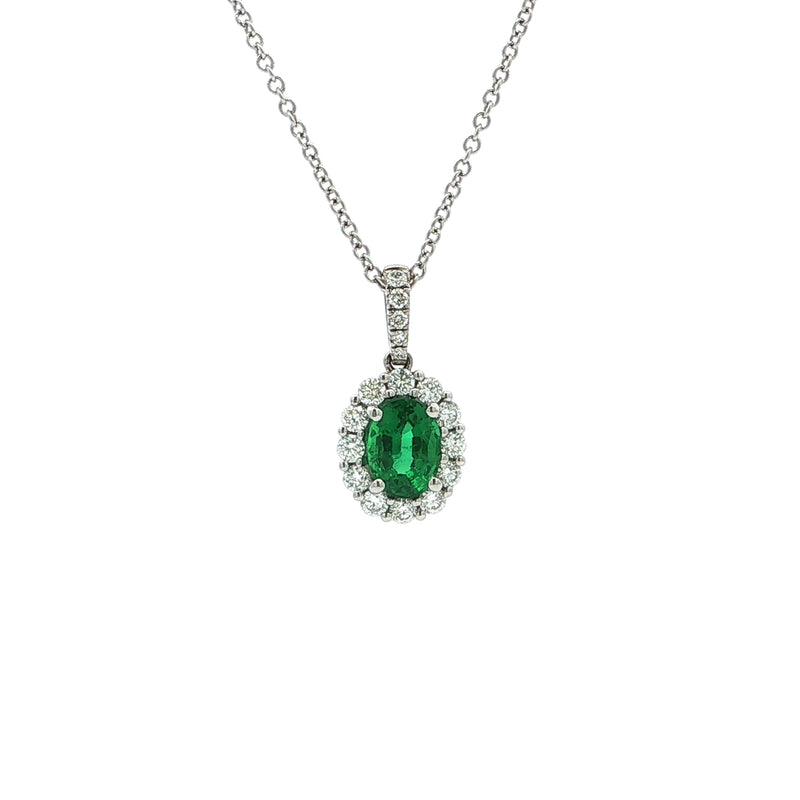 0.85ct Oval Emerald & 0.39ct Natural Diamond Halo Cluster Pendant in 18ct White Gold