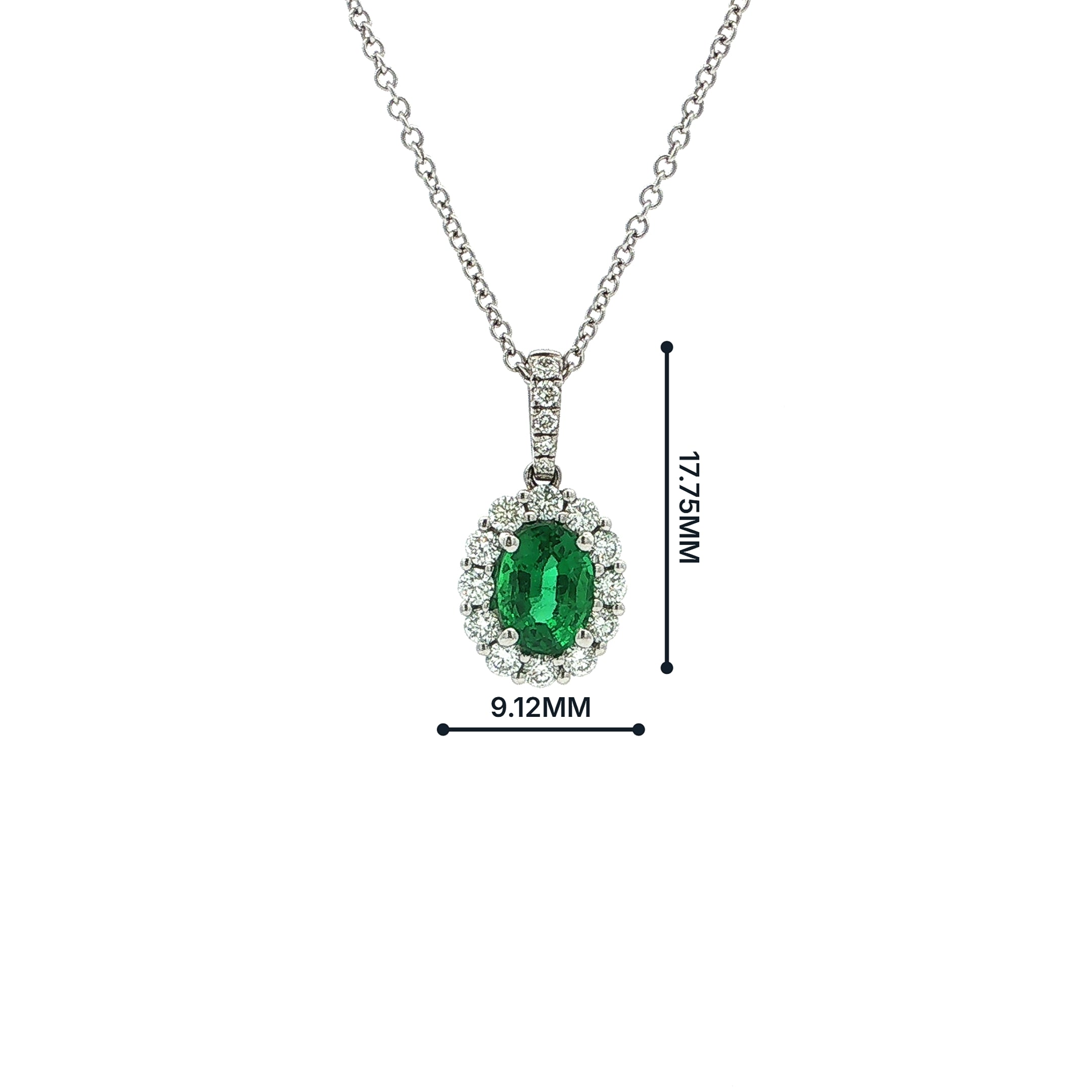 0.85ct Oval Emerald & 0.39ct Natural Diamond Halo Cluster Pendant in 18ct White Gold