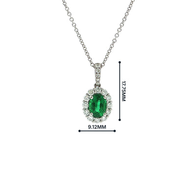 0.85ct Oval Emerald & 0.39ct Natural Diamond Halo Cluster Pendant in 18ct White Gold