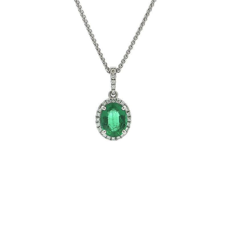 1.81ct Oval Emerald & 0.20ct Natural Diamond Halo Pendant in 18ct White Gold