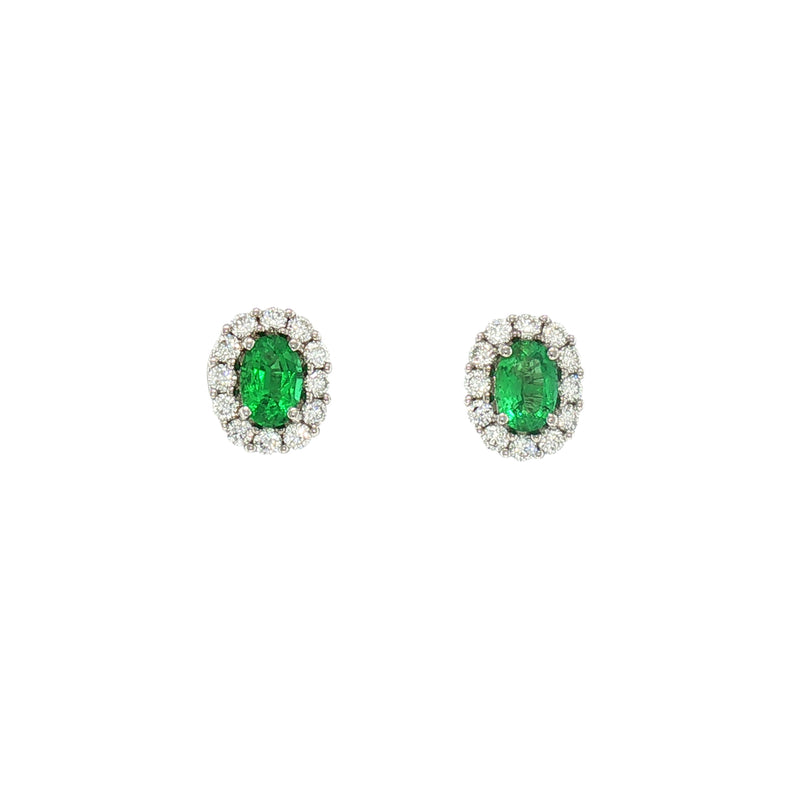 Oval Emerald and Natural Diamond Cluster Earrings in 18ct White Gold