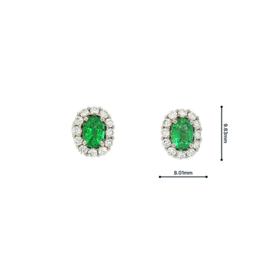 Oval Emerald and Natural Diamond Cluster Earrings in 18ct White Gold