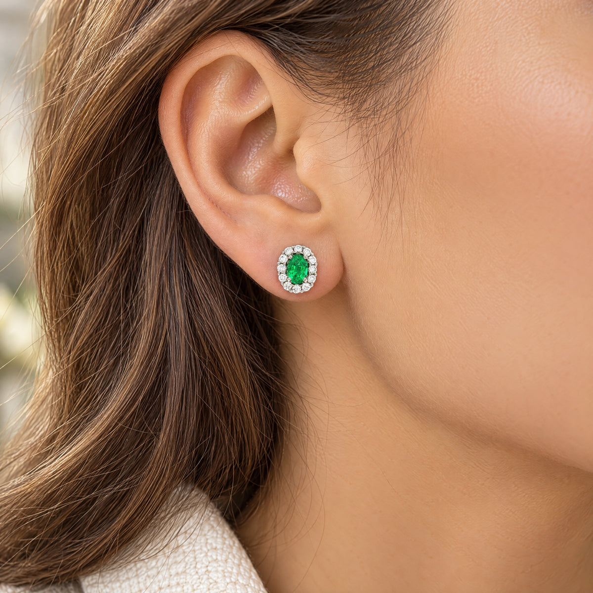 Oval Emerald and Natural Diamond Cluster Earrings in 18ct White Gold