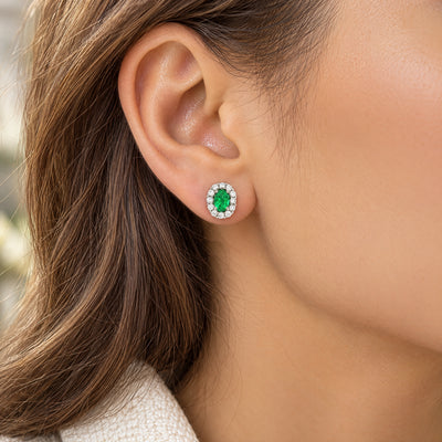 Oval Emerald and Natural Diamond Cluster Earrings in 18ct White Gold