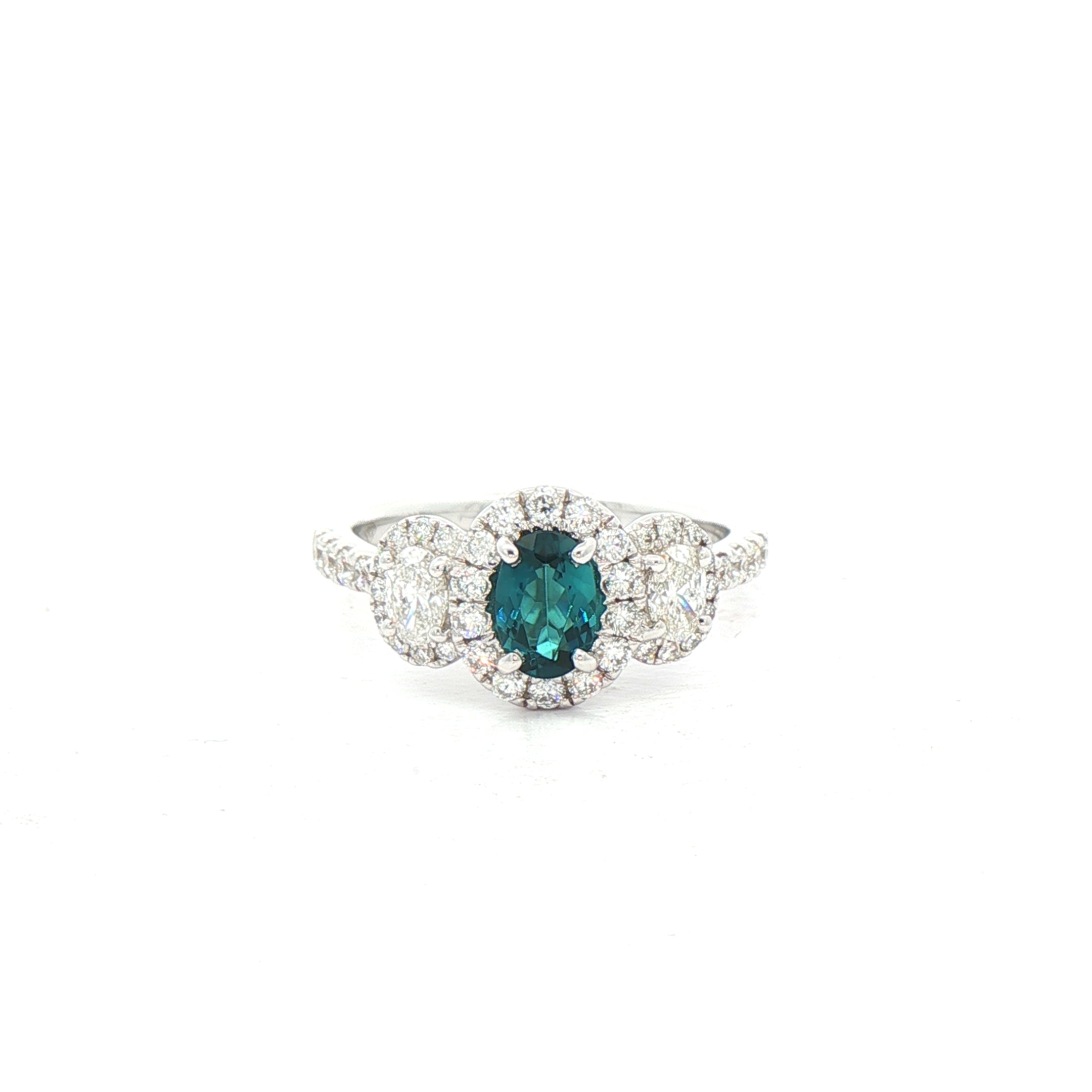 0.42ct Oval Green Tourmaline and Natural Diamond Halo Style Three Stone Ring in 18ct White Gold