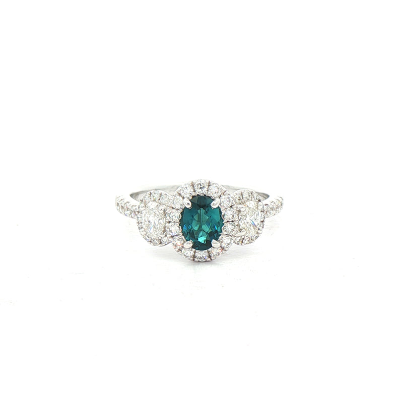 0.42ct Oval Green Tourmaline and Natural Diamond Halo Style Three Stone Ring in 18ct White Gold