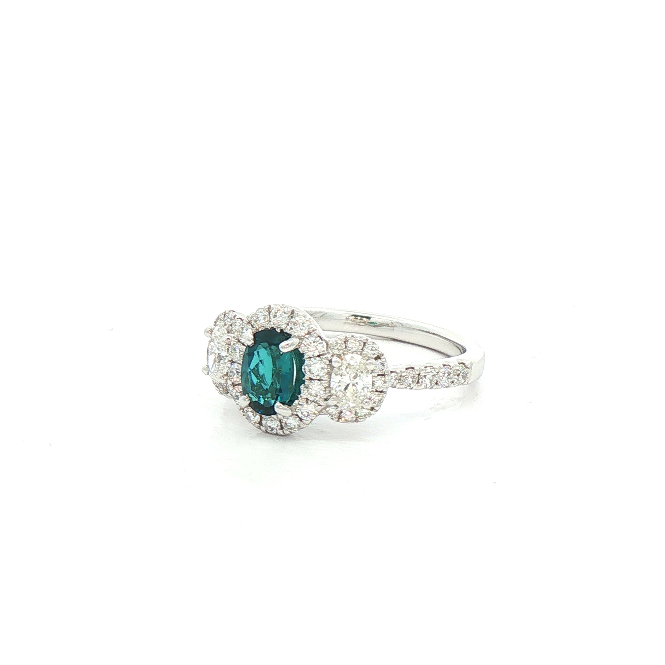 0.42ct Oval Green Tourmaline and Natural Diamond Halo Style Three Stone Ring in 18ct White Gold