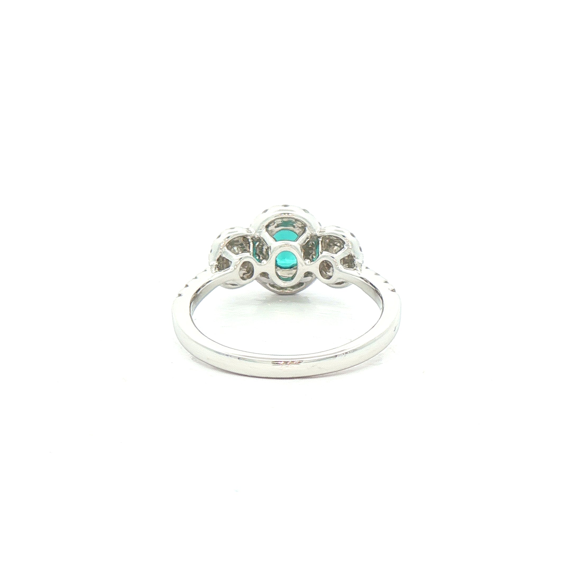 0.42ct Oval Green Tourmaline and Natural Diamond Halo Style Three Stone Ring in 18ct White Gold