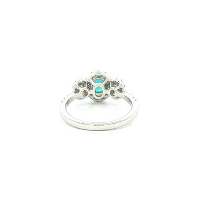0.42ct Oval Green Tourmaline and Natural Diamond Halo Style Three Stone Ring in 18ct White Gold
