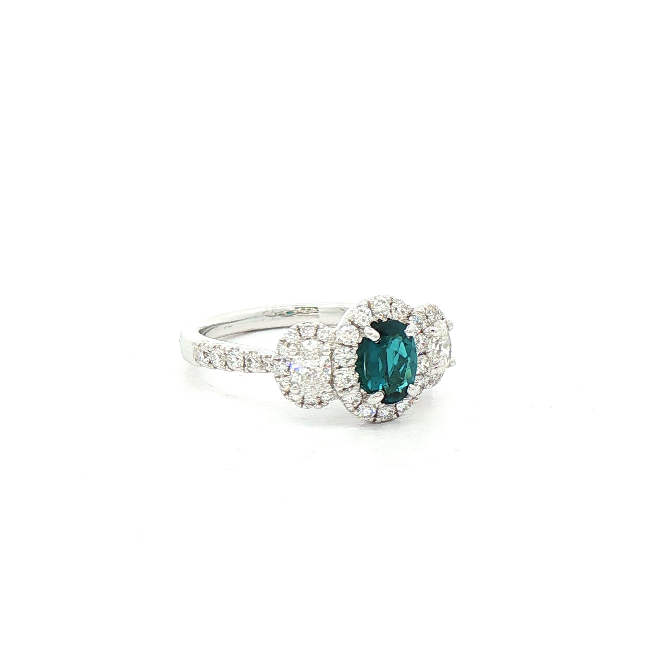 0.42ct Oval Green Tourmaline and Natural Diamond Halo Style Three Stone Ring in 18ct White Gold