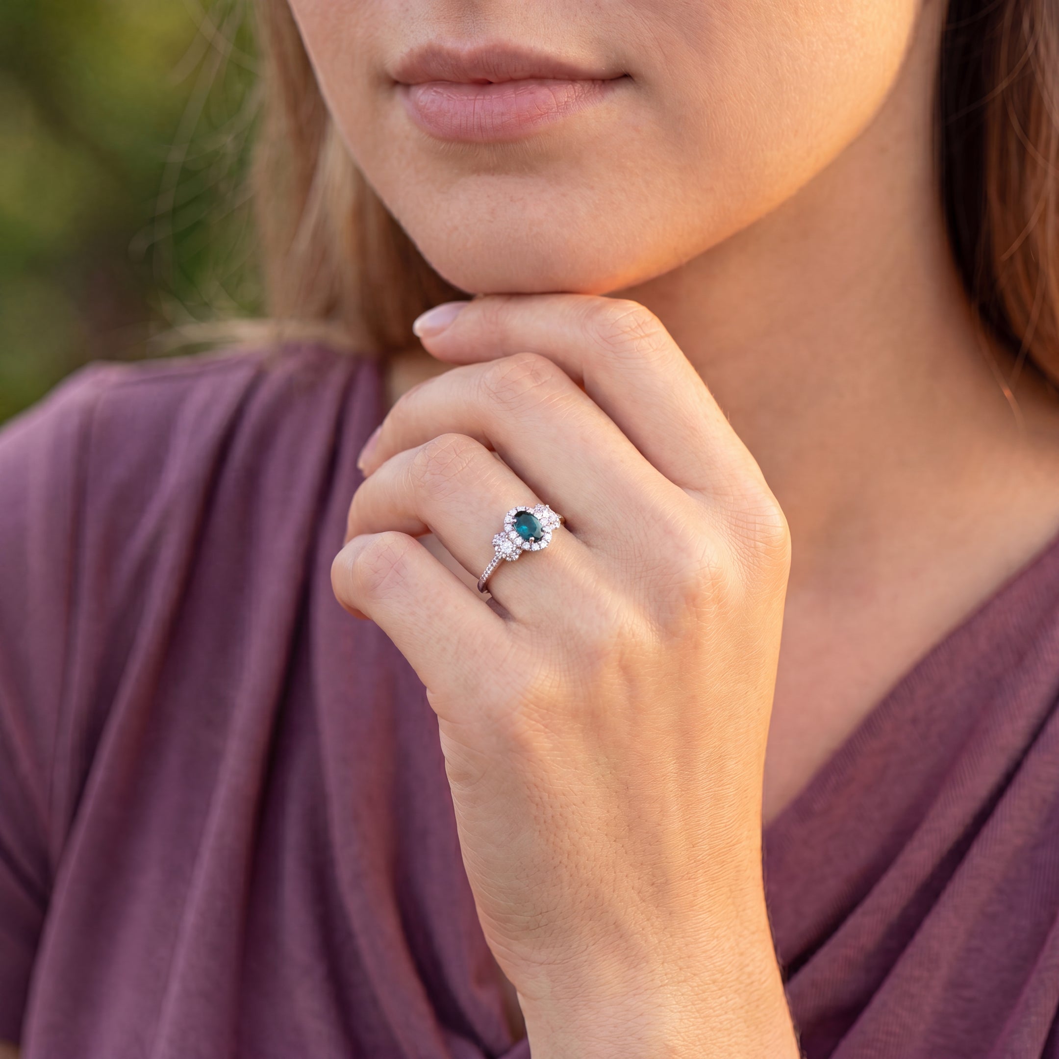 0.42ct Oval Green Tourmaline and Natural Diamond Halo Style Three Stone Ring in 18ct White Gold