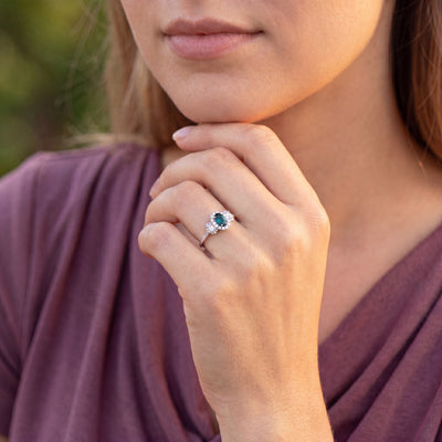 0.42ct Oval Green Tourmaline and Natural Diamond Halo Style Three Stone Ring in 18ct White Gold