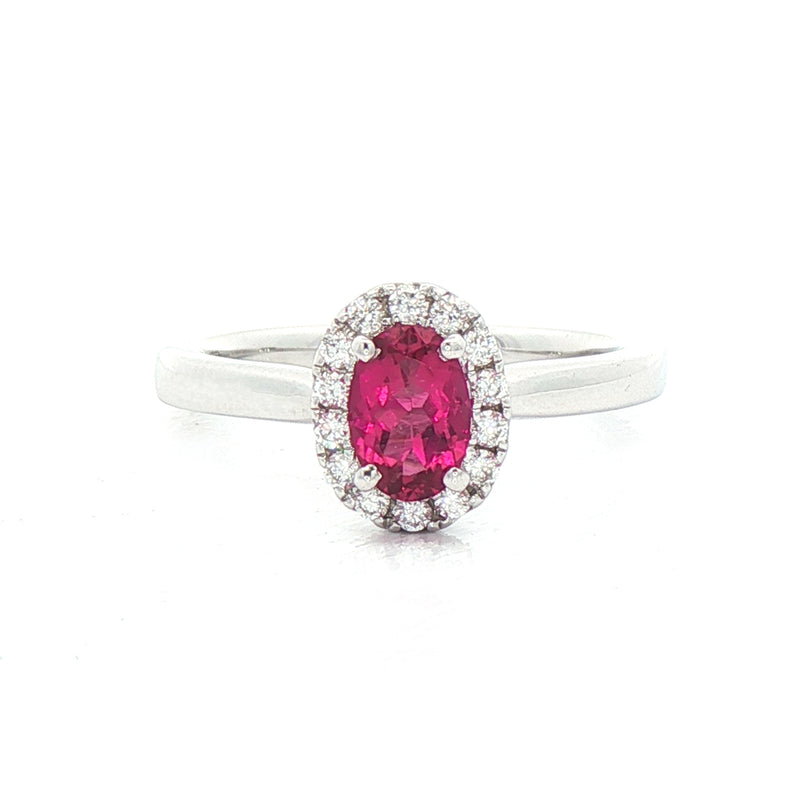0.43ct Oval Pink Tourmaline & 0.12ct Natural Diamond Halo With Diamond Shoulder in 18ct White Gold